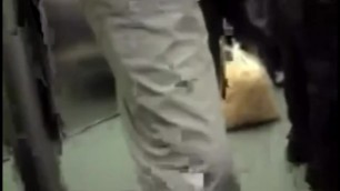 Bulge in grey pants on bus