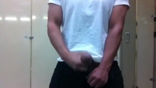 Big Uncut Latino Cock jerking off and shooting in Bathroom cumeating