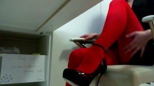 Masturbate at Work :day 28.Rubbing through Red Pantyhose.brunette Amateure