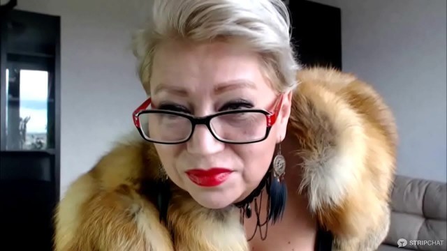 Mature Russian webcam whore AimeeParadise in a fur coat blows smoke in face of her virtual slave&excl;