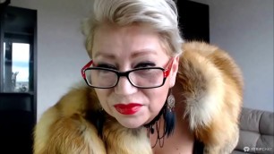 Mature Russian webcam whore AimeeParadise in a fur coat blows smoke in face of her virtual slave&excl;
