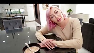Pink haired busty stepmother arrives for a visit and asks stepson to satisfy her