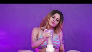 Busty HJ CFNM tattooed babe toys POV cock with cock pump